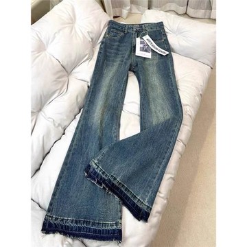 美式復古不貼腿微喇牛仔褲女秋冬加絨大碼胖mm高腰遮胯喇叭闊腿褲