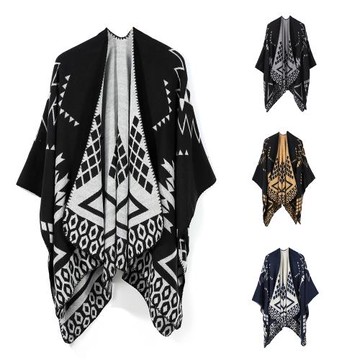 歐美幾何拼圖斗篷歐美外貿簡約時尚度假加長保暖空調披肩旅行毯子
