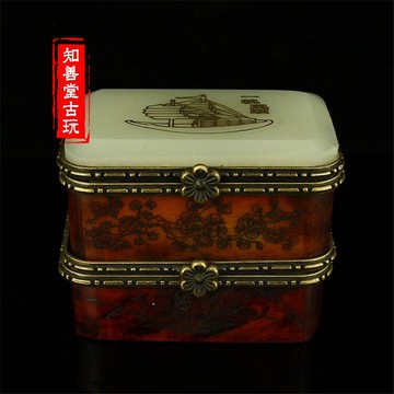 古玩雜項漢白玉首飾盒老牛骨鑲嵌白玉雕刻雙層胭脂盒一帆風順圖案