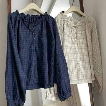 057_studio復古慵懶棉麻肌理格子綁帶襯衫罩衫