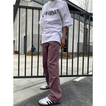 美式高街復古水洗紫色牛仔褲男女小眾設計寬松直筒微喇叭休閑褲子