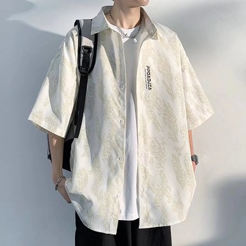 🚀台灣出貨&柔軟舒適⚡ 日係潮牌簡約工裝短袖襯衫男夏季薄款寬鬆五分袖情侶百搭休閒襯衣
