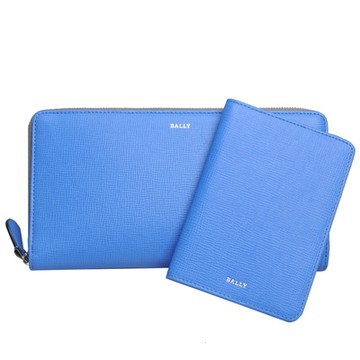 BALLY CLIFFORD 防刮皮革品牌字母LOGO拉鍊旅行機能長夾(天空亮藍/附護照夾)