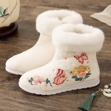 女秋冬季加絨漢服鞋子平底保暖低跟古風靴青年古裝可愛繡花短筒靴