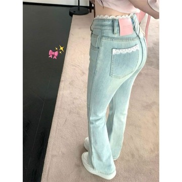 微喇牛仔褲女  複古淺色蕾絲拚接  夏季新款高腰修身  彈力馬蹄拖地褲子  WH