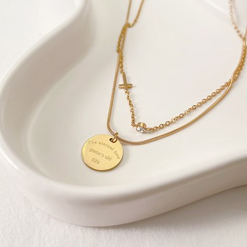 [鈦鋼.項鍊] 十字架圓牌雙層項鍊【UME】洗澡可戴 雙層鈦鋼項鍊/鍍18K金