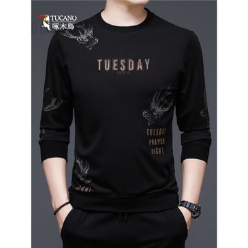 啄木鳥春秋中青年長袖T恤男絲光棉印花衛衣2024新款純棉打底衫