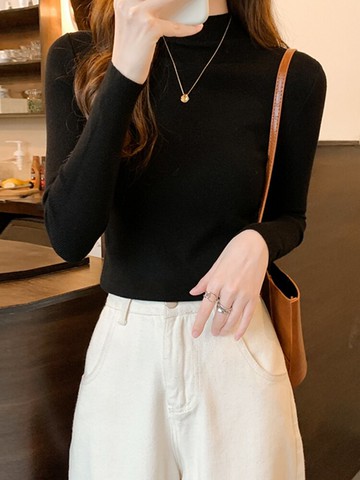 針織衫新款2021爆款緊身半高領黑色打底衫女秋冬洋氣內搭長袖毛衣