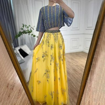 【女神婚紗禮服】輕奢時尚兩截式露臍短袖撞色串珠晚禮服LA72470藍黃撞色
