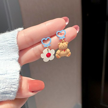 925銀針簡約個性耳環不對稱花朵小熊耳墜氣質精致耳飾