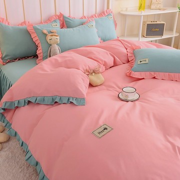 水洗棉簡約床裙四件套春秋純色被套床單三件套單人被罩加大夏