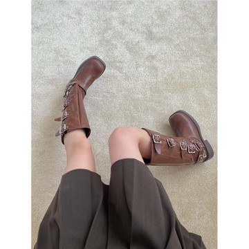 阿希哥miu家皮帶扣西部牛仔靴騎士靴朋克機車套筒不過膝長靴棕色