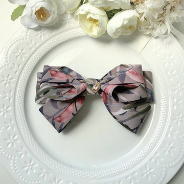 水墨暗色系花草氣質大款蝴蝶結彈夾髮夾-深灰色