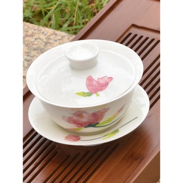 滿堂春陶瓷手繪女士蓋碗茶杯三才碗功夫茶具粉彩懸停泡茶浮雕單個