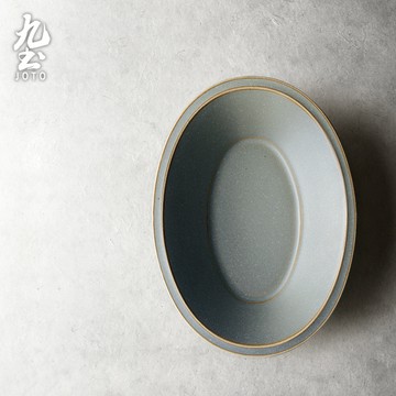 九土日式手工陶瓷圓盤點心盤日式手工盤粗陶復古橢圓形魚盤家用餐具深盤造型盤壽司盤擺飾盤甜品盤甜點盤煎魚盤魚盤CJR0465