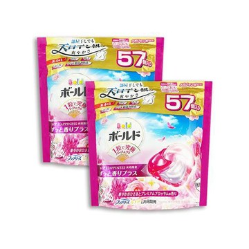 (2袋114顆超值組)日本P&G-Bold強洗淨4合1消臭柔軟香氛洗衣凝膠球57顆/袋-牡丹花香(粉紅)(室內晾曬祛黃潔白柔順洗衣球補充包,全機適用)