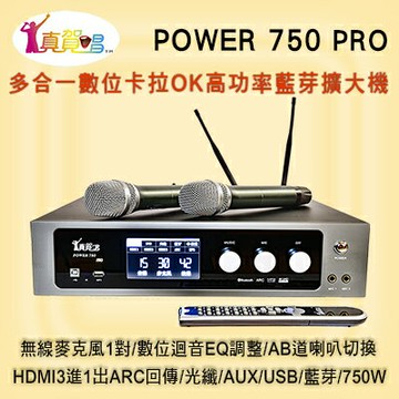 真賀唱 POWER 750 PRO 高功率卡拉OK多功能擴大機/無線麥克風1對+數位迴音EQ/750W高功率/HDMI(Arc)/藍芽/USB