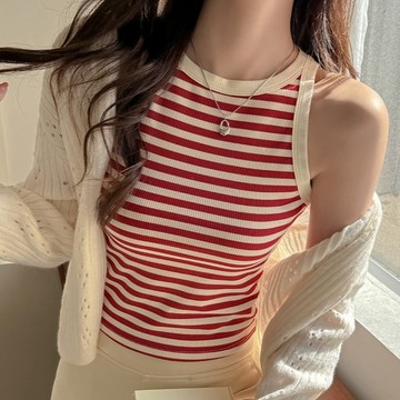 【桃園出貨】韓系彩色條紋吊帶背心 女 撞色針織小背心 顯瘦短版上衣 繽紛夏季穿搭 顯白百搭 無袖上衣 甜酷 BM 風