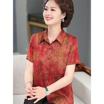 媽媽夏裝真絲印花短袖襯衫薄款上衣中老年人女寬松桑蠶絲T恤襯衣