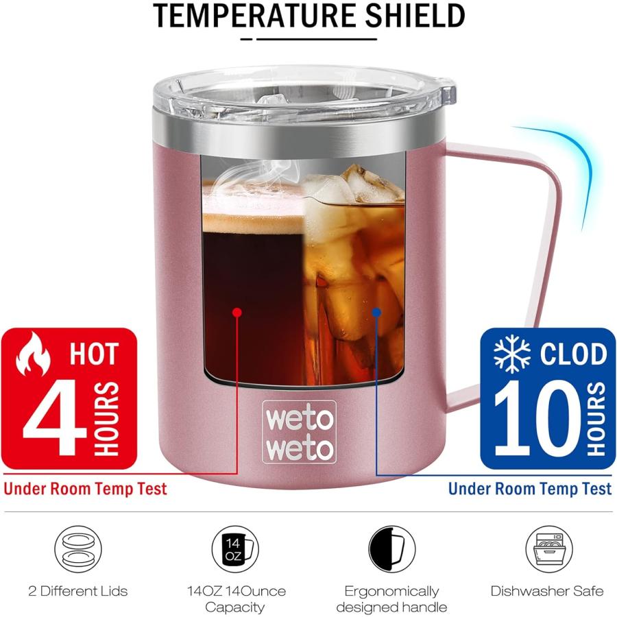 WETOWETO Coffee Mug with Handle  14oz Insulated Stainless Steel Coffee Travel Mug  Double Wall Vacuum Reusable Coffee Cup with Lid  Powder Coated R