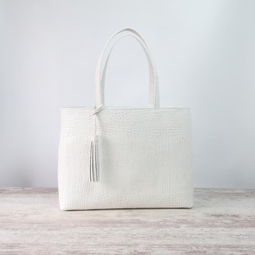 A4 尺寸托特包・石白色・鱷魚壓紋皮革・訂製生產・