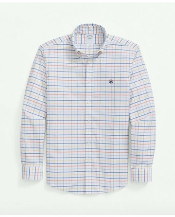 Brooks Brothers Men's Stretch Cotton Non-Iron Oxford Polo Button Down Collar, Multi Windowpane Shirt | Orange | Size Medium