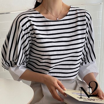 上衣 正韓大U橫條紋落肩設計縮口五分袖短袖上衣(白黑條紋)N2