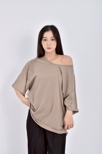 (F) molige質感棉質素面棕色短袖上衣