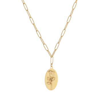 宏雲Hongyun-QJ-法式優雅立體網格紋玫瑰花橢圓牌吊墜項鍊花朵鎖骨鏈鈦鋼鍍18k金