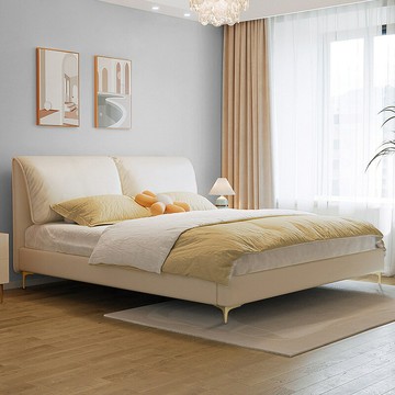優樂悅~真皮床極簡主臥輕奢現代簡約懸浮床小象耳朵婚床實木大床雙人軟床