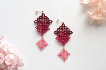 tatting lace 三色方塊耳環・酒紅色