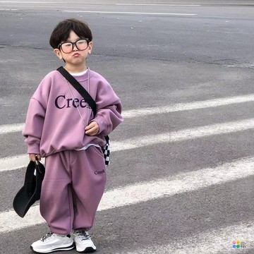 兒童套裝冬季新品韓版男女童字母百搭洋氣寶寶加絨休閒兩件套潮中小童套裝男兒童套裝可愛卡通套裝男