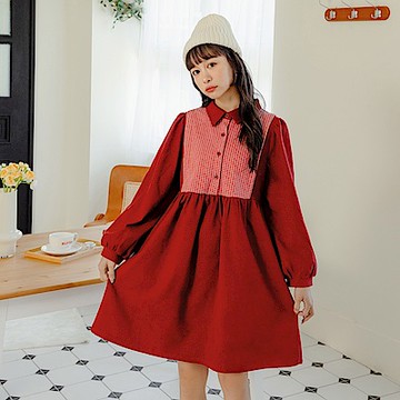 格紋毛呢拼接微拋袖寬鬆洋裝-OB嚴選