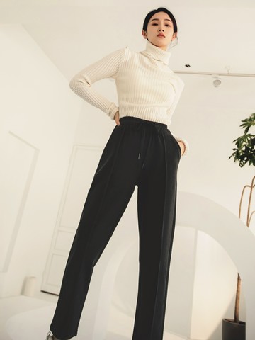 輕保暖磨毛腰鬆緊綁帶打褶直筒長褲