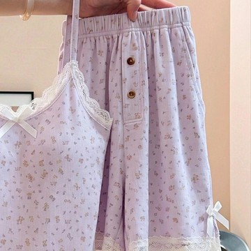 Xuan♥睡衣女香芋紫蕾絲邊碎花吊帶帶胸墊純欲家居服套裝可外穿