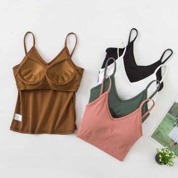 純棉罩杯一體帶胸墊免穿文胸bra美背吊帶背心內衣女V領露背打底衫