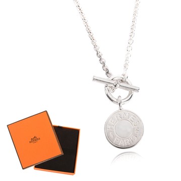 HERMES Amulettes H Ex-Libris 經典標誌LOGO純銀項鍊墜鍊-銀色