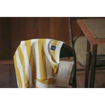 壹番ICHIBAN 香橙奶油 日系復古黃白條紋情侶圓領T恤 短袖男女夏