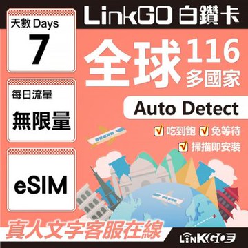 LINKGO白鑽卡 全球116國 eSIM卡 7天上網卡 無限流量吃到飽不降速(全球網卡 亞洲 歐洲 美洲 大洋洲 非洲)
