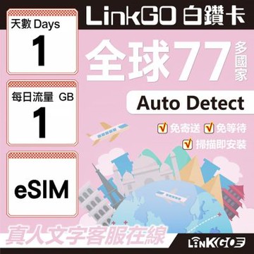 LINKGO白鑽卡 全球77國 eSIM卡 1天上網卡 每日1GB(全球網卡 亞洲 歐洲 美洲 大洋洲 非洲)