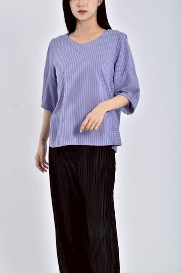 (S) 22 octobre質感棉質條紋藍色短袖上衣