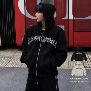 【ALIFE】韓系 Boxy 厚磅 歌德 短寬外套 刺繡 百搭 重磅 連帽外套 短寬 街頭 歌德 棉外套 #121O