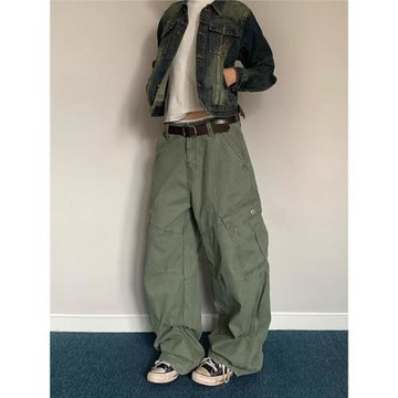 美式復古多口袋廓形打褶工裝褲男女百搭寬松直筒顯瘦版型闊腿長褲