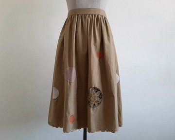 復古風棕色刺繡棉質蕾絲圓點抓皺及膝裙 XS