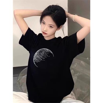 黑色純棉短袖t恤女夏季2025新款爆款設計感小眾寬松體恤半袖上衣