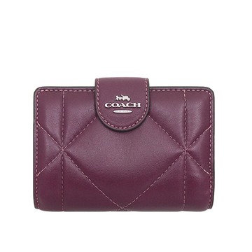 COACH - 菱格紋車縫素色按釦短夾 (深莓)