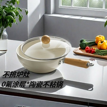 嚴選日式白色不粘鍋家用小炒鍋通用炒菜鍋無涂層平底陶瓷小鐵鍋
