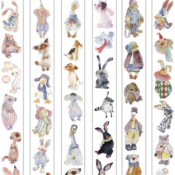 布偶 レトロぬいぐるみ柄 PET 和紙膠帶 10 米卷 (kiss-cut)