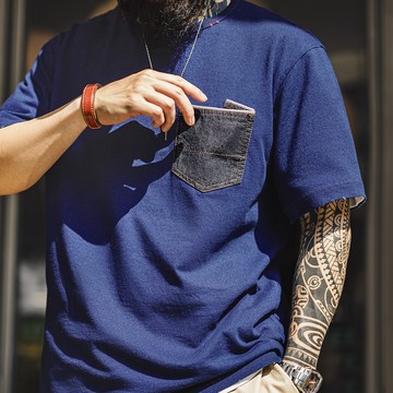 馬登工裝 美式復古植物藍染T恤日系重磅純棉二本鍼口袋短袖男款夏