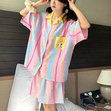 新款多巴胺條紋短袖睡衣女士夏天卡通小狗印花短褲套裝家居服兩件式睡衣女生睡衣短袖居家服家居服卡通睡衣